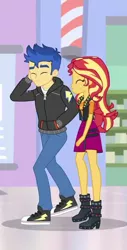 Size: 364x715 | Tagged: safe, derpibooru import, screencap, flash sentry, sunset shimmer, do it for the ponygram!, equestria girls, equestria girls series, spoiler:eqg series (season 2), barbershop pole, canterlot mall, clothes, converse, cropped, cute, diasentres, eyes closed, hand in pocket, hoodie, pants, shimmerbetes, shipping fuel, shoes