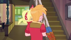Size: 1280x720 | Tagged: safe, derpibooru import, screencap, applejack, big macintosh, do it for the ponygram!, equestria girls, equestria girls series, five to nine, spoiler:eqg series (season 2), blooper, bridal carry, brother and sister, carrying, context is for the weak, eyes closed, female, male, out of context, outtakes, siblings, staircase, stairs, sweet apple acres