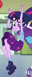 Size: 251x610 | Tagged: safe, derpibooru import, screencap, rarity, sci-twi, sunset shimmer, twilight sparkle, do it for the ponygram!, equestria girls, equestria girls series, spoiler:eqg series (season 2), canterlot high, clothes, cropped, cute, female, geode of telekinesis, glasses, legs, magical geodes, offscreen character, ponytail, shoes, skirt, skirt lift, socks