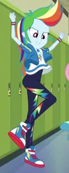 Size: 287x720 | Tagged: safe, derpibooru import, screencap, fluttershy, rainbow dash, do it for the ponygram!, equestria girls, equestria girls series, spoiler:eqg series (season 2), canterlot high, clothes, converse, cropped, female, geode of super speed, lockers, magical geodes, offscreen character, pants, shoes, smiling, sneakers, solo, solo focus