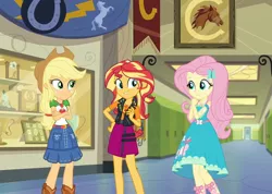 Size: 1520x1080 | Tagged: safe, derpibooru import, screencap, applejack, fluttershy, sunset shimmer, do it for the ponygram!, equestria girls, equestria girls series, spoiler:eqg series (season 2), cropped, moments before disaster