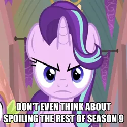 Size: 1350x1350 | Tagged: safe, derpibooru import, edit, edited screencap, screencap, spike, starlight glimmer, dragon, pony, unicorn, a matter of principals, :c, >:c, angry, caption, cropped, cute, female, frown, glimmerbetes, image, image macro, implied season 9, madorable, mare, meme, no spoilers, png, solo focus, text, text edit, winged spike
