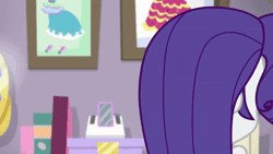 Size: 800x450 | Tagged: safe, derpibooru import, screencap, rarity, do it for the ponygram!, equestria girls, equestria girls series, spoiler:eqg series (season 2), animated, annoyed, female, geode of shielding, gif, looking at something, magical geodes, messy hair, pose, rarity's bedroom, shocked, solo, that did not go as expected