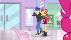 Size: 1280x720 | Tagged: safe, derpibooru import, screencap, flash sentry, pinkie pie, sunset shimmer, do it for the ponygram!, equestria girls, equestria girls series, spoiler:eqg series (season 2), barbershop pole, canterlot mall, clothes, female, male, shoes, sneakers