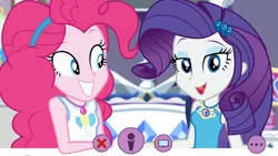 Size: 1920x1080 | Tagged: safe, derpibooru import, screencap, pinkie pie, rarity, do it for the ponygram!, equestria girls, equestria girls series, spoiler:eqg series (season 2), bed, bracelet, duo, duo female, female, geode of shielding, geode of sugar bombs, jewelry, looking at you, magical geodes, rarity's bedroom, smiling, webcam