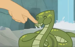Size: 1493x942 | Tagged: safe, derpibooru import, edit, edited screencap, screencap, antoine, pony, python, snake, she talks to angel, aweeg*, boop, boop edit, danger noodle, eyes closed, fangs, finger, hand, snek, this will end in pain and/or tears and/or death, this will end in poisoning