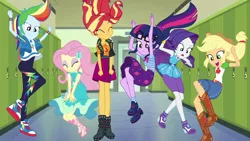 Size: 1920x1080 | Tagged: safe, derpibooru import, screencap, applejack, fluttershy, rainbow dash, rarity, sci-twi, sunset shimmer, twilight sparkle, do it for the ponygram!, equestria girls, equestria girls series, spoiler:eqg series (season 2), applejack's hat, belt, boots, canterlot high, clothes, converse, cowboy boots, cowboy hat, cute, denim skirt, dress, glasses, group photo, hallway, hat, high heel boots, high heels, jumping, lockers, magic skirt, miniskirt, pants, physics, ponytail, selfie, shoes, skirt, sneakers, socks, stetson