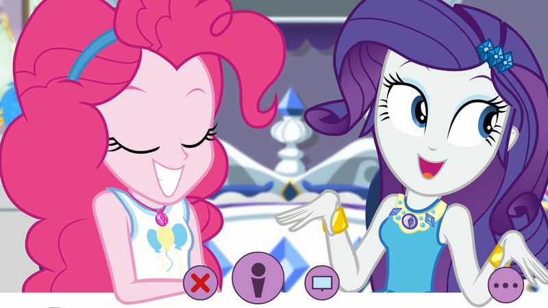 Size: 1920x1080 | Tagged: safe, derpibooru import, screencap, pinkie pie, rarity, do it for the ponygram!, equestria girls, equestria girls series, spoiler:eqg series (season 2), bracelet, cute, diapinkes, duo, duo female, eyes closed, female, geode of shielding, geode of sugar bombs, jewelry, magical geodes, open mouth, raribetes, rarity's bedroom, recording, smiling, webcam