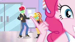 Size: 1920x1080 | Tagged: safe, derpibooru import, screencap, flash sentry, pinkie pie, sunset shimmer, do it for the ponygram!, equestria girls, equestria girls series, spoiler:eqg series (season 2), barbershop pole, canterlot mall, clothes, converse, cupcake, female, food, frosting, glass door, magic cupcake touch, male, orange creamsicle cupcake, raspberry ganache cupcake, shoes, sneakers