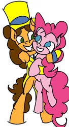 Size: 651x1200 | Tagged: safe, artist:treble clefé, derpibooru import, cheese sandwich, pinkie pie, earth pony, pony, the last laugh, bipedal, cheesepie, clothes, female, hat, hug, male, shipping, straight, suit, top hat