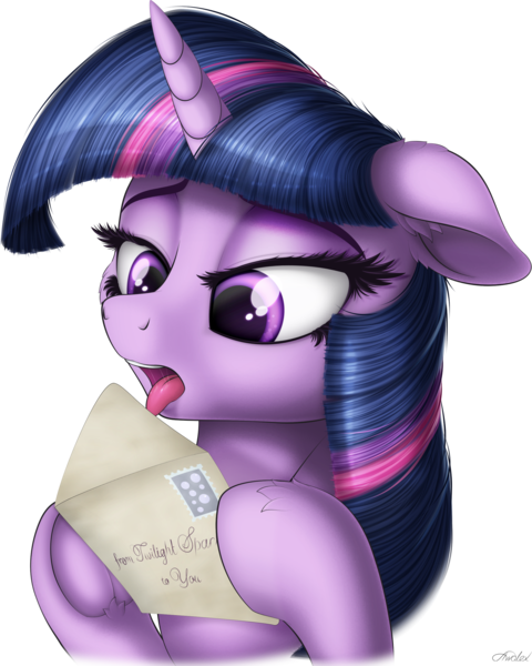 Size: 2097x2621 | Tagged: safe, artist:awalex, derpibooru import, twilight sparkle, twilight sparkle (alicorn), alicorn, pony, bust, envelope, female, licking, lidded eyes, mare, solo, tongue out