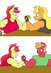 Size: 2024x2928 | Tagged: safe, artist:matchstickman, derpibooru import, apple bloom, applejack, big macintosh, anthro, earth pony, tumblr:where the apple blossoms, apple bloom's bow, apple brawn, applejacked, apple siblings, apple sisters, arm wrestling, biceps, bow, breasts, brother and sister, busty apple bloom, busty applejack, clothes, deltoids, female, fingerless gloves, gloves, great macintosh, grin, hair bow, image, male, matchstickman's apple brawn series, muscles, older, older apple bloom, pecs, png, shirt, siblings, simple background, sisters, smiling, snorting, triceps, trio, white background