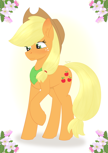 Size: 2480x3508 | Tagged: safe, artist:dyonys, derpibooru import, applejack, earth pony, pony, apple blossom, applejack's hat, blushing, clothes, cowboy hat, cutie mark, ear fluff, female, flower, freckles, hat, looking down, mare, raised hoof, scarf, simple background, standing
