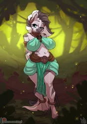 Size: 910x1300 | Tagged: safe, artist:atryl, derpibooru import, oc, oc:zuri, unofficial characters only, anthro, firefly (insect), insect, unguligrade anthro, zebra, belt, bocas top, druid, ear piercing, earring, female, forest, image, jewelry, looking at you, necklace, patreon, patreon logo, piercing, png, shaman, solo, tribal, zebra oc