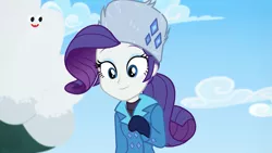 Size: 1920x1080 | Tagged: safe, derpibooru import, screencap, rarity, equestria girls, equestria girls series, holidays unwrapped, spoiler:eqg series (season 2), clothes, cute, nice hat, plusplus, saving pinkie's pie, solo, winter, winter outfit