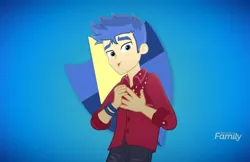 Size: 1108x720 | Tagged: safe, derpibooru import, screencap, flash sentry, cheer you on, equestria girls, equestria girls series, spoiler:eqg series (season 2), blue background, clothes, cute, diasentres, discovery family logo, male, simple background, smiling, solo
