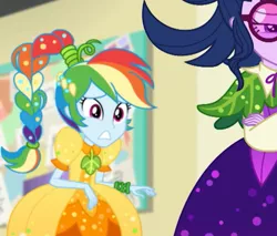 Size: 650x554 | Tagged: safe, derpibooru import, screencap, rainbow dash, sci-twi, twilight sparkle, equestria girls, equestria girls series, holidays unwrapped, spoiler:eqg series (season 2), clothes, cornucopia costumes, costume, cropped, duo, o come all ye squashful, ponytail, rainbow dash always dresses in style, worried