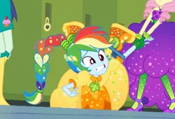 Size: 601x408 | Tagged: safe, derpibooru import, screencap, blueberry cake, fluttershy, rainbow dash, equestria girls, equestria girls series, holidays unwrapped, spoiler:eqg series (season 2), autumn, clothes, converse, cornucopia costumes, dress, female, geode of fauna, lockers, magical geodes, o come all ye squashful, offscreen character, ponytail, rainbow dash always dresses in style, shoes