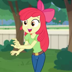Size: 1080x1080 | Tagged: safe, derpibooru import, screencap, apple bloom, equestria girls, equestria girls series, holidays unwrapped, spoiler:eqg series (season 2), adorabloom, apple bloom's bow, belt, bow, clothes, cropped, cute, hair bow, jeans, older, pants, smiling, solo, the cider louse fools