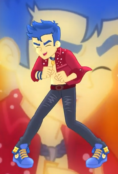 Size: 412x605 | Tagged: safe, derpibooru import, screencap, flash sentry, cheer you on, equestria girls, equestria girls series, spoiler:eqg series (season 2), blue sneakers, clothes, converse, cropped, eyes closed, male, pants, partial nudity, shoes, singing, smiling, sneakers, solo, stupid sexy flash sentry, topless