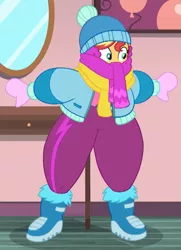 Size: 635x876 | Tagged: safe, derpibooru import, screencap, sunset shimmer, equestria girls, equestria girls series, holidays unwrapped, spoiler:eqg series (season 2), a christmas story, boots, clothes, coat, cropped, cute, hat, huggable, scarf, shimmerbetes, shoes, solo