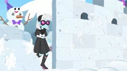 Size: 1280x720 | Tagged: safe, derpibooru import, screencap, photo finish, equestria girls, equestria girls series, holidays unwrapped, spoiler:eqg series (season 2), boots, clothes, female, glasses, hat, high heel boots, plusplus, shoes, skirt, snow, snow fort, snowball, snowball fight, snowman, sunglasses, winter outfit