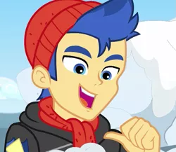 Size: 829x720 | Tagged: safe, derpibooru import, screencap, flash sentry, equestria girls, equestria girls series, holidays unwrapped, spoiler:eqg series (season 2), clothes, cropped, hat, hoodie, male, pointing at self, scarf, smiling, solo, winter outfit