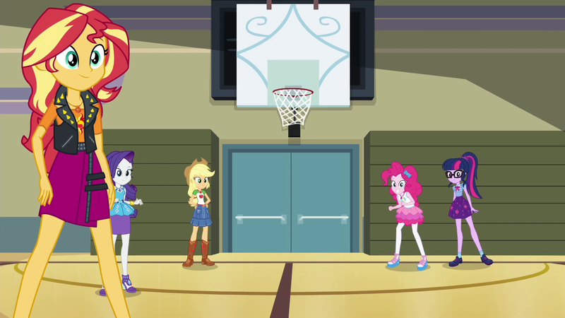 Size: 1920x1080 | Tagged: safe, derpibooru import, screencap, applejack, pinkie pie, rarity, sci-twi, sunset shimmer, twilight sparkle, do it for the ponygram!, equestria girls, equestria girls series, spoiler:eqg series (season 2), basketball net, geode of empathy, geode of shielding, geode of sugar bombs, geode of super strength, geode of telekinesis, gym, magical geodes