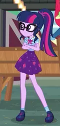 Size: 202x420 | Tagged: safe, derpibooru import, screencap, apple bloom, sci-twi, twilight sparkle, equestria girls, equestria girls series, holidays unwrapped, spoiler:eqg series (season 2), clothes, cropped, crossed arms, geode of telekinesis, glasses, legs, magical geodes, offscreen character, ponytail, shoes, skirt, socks, solo