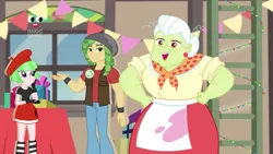 Size: 1280x720 | Tagged: safe, derpibooru import, screencap, drama letter, granny smith, sandalwood, watermelody, equestria girls, equestria girls series, holidays unwrapped, spoiler:eqg series (season 2), beret, cardboard cutout, clothes, dress, female, hat, male, miniskirt, pants, plusplus, skirt, smiling