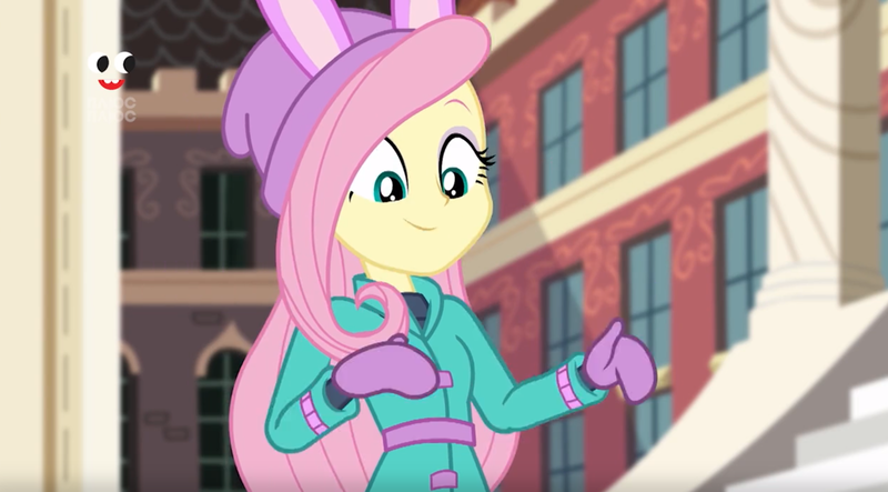 Size: 1877x1039 | Tagged: safe, derpibooru import, screencap, fluttershy, equestria girls, equestria girls series, holidays unwrapped, spoiler:eqg series (season 2), clothes, plusplus, solo, winter outfit