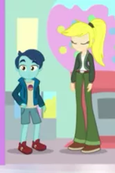 Size: 241x364 | Tagged: safe, derpibooru import, screencap, henry handle, manestrum, unnamed character, equestria girls, equestria girls series, holidays unwrapped, spoiler:eqg series (season 2), background human, blonde, clothes, cropped, dashing through the mall, female, legs, male, pants, shoes, shorts