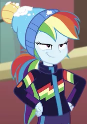 Size: 561x803 | Tagged: safe, deleted from derpibooru, derpibooru import, screencap, rainbow dash, equestria girls, equestria girls series, holidays unwrapped, spoiler:eqg series (season 2), blizzard or bust, clothes, cropped, hands on hip, rainbow dash is best facemaker, snow, solo, winter outfit