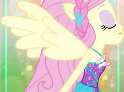 Size: 1547x1152 | Tagged: safe, derpibooru import, screencap, fluttershy, cheer you on, equestria girls, equestria girls series, spoiler:eqg series (season 2), bare shoulders, clothes, cropped, dress, eyes closed, flower, flower in hair, geode of fauna, green background, halterneck, image, jpeg, magical geodes, open mouth, ponied up, pony ears, simple background, sleeveless, smiling, solo, super ponied up, transformation, wings, yellow light