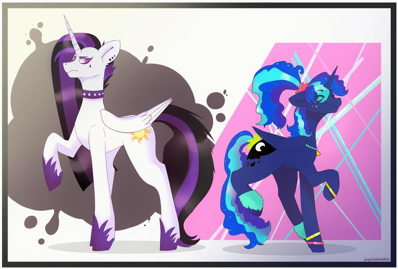 Size: 3496x2362 | Tagged: safe, artist:jayliedoodle, derpibooru import, princess celestia, princess luna, alicorn, pony, between dark and dawn, season 9, spoiler:s09, 80's fashion, 80s princess luna, alternate hairstyle, collar, colored, cute, dark, ear piercing, female, fluffy, gothic, jewelry, mare, messy hair, necklace, piercing, ponytail, punklestia, raised hoof, royal sisters, smiling, spiked collar