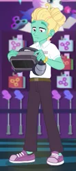 Size: 277x623 | Tagged: safe, derpibooru import, screencap, zephyr breeze, equestria girls, equestria girls series, holidays unwrapped, spoiler:eqg series (season 2), animation error, clothes, cropped, dashing through the mall, fidget spinner, male, no socks, pants, shoes, vr headset