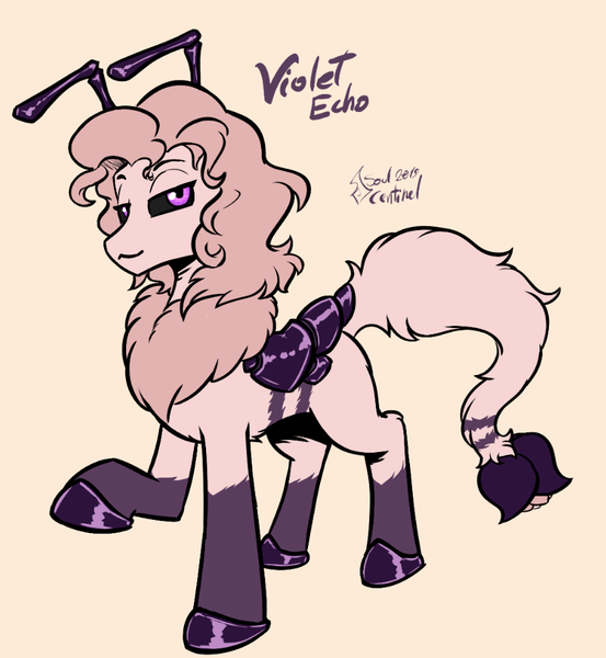 Size: 850x923 | Tagged: safe, artist:soulcentinel, derpibooru import, oc, oc:violet echoes, insect, pony, black sclera, chitin, cute, female, fluffy, morsectuum, saddle, socks (coat marking), solo, stripes, tack