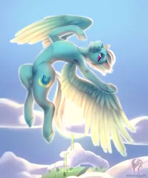 Size: 2500x3000 | Tagged: safe, artist:jessicanyuchi, derpibooru import, fleetfoot, pegasus, pony, armpits, belly button, cloud, female, flying, looking at you, mare, rainbow falls (location), signature, sky, solo