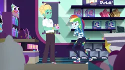 Size: 1280x720 | Tagged: safe, derpibooru import, screencap, rainbow dash, zephyr breeze, equestria girls, equestria girls series, holidays unwrapped, spoiler:eqg series (season 2), camera, clothes, converse, dashing through the mall, female, geode of super speed, magical geodes, male, no socks, pants, pink camera, plusplus, shoes, smiling, sneakers, toy