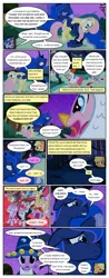 Size: 612x1556 | Tagged: safe, artist:newbiespud, derpibooru import, edit, edited screencap, screencap, alula, apple bloom, applejack, fluttershy, noi, pinkie pie, pipsqueak, piña colada, princess luna, scootaloo, sweetie belle, twilight sparkle, alicorn, earth pony, pegasus, pony, unicorn, comic:friendship is dragons, luna eclipsed, ..., animal costume, annoyed, bandana, chicken pie, chicken suit, cloak, clothes, colt, comic, costume, cutie mark crusaders, dialogue, ethereal mane, eyepatch, fake beard, female, filly, freckles, hat, hug, male, mare, scared, screaming, screencap comic, star swirl the bearded costume, starry mane, traditional royal canterlot voice, unicorn twilight, wizard hat, wolf costume