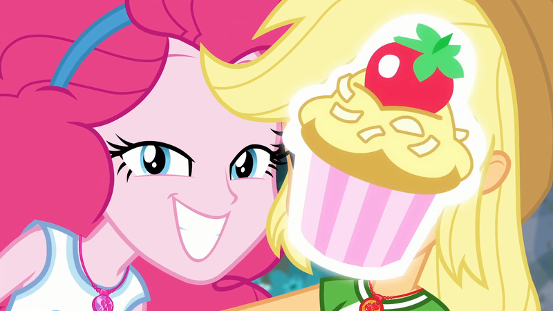 Size: 1920x1080 | Tagged: safe, derpibooru import, screencap, applejack, pinkie pie, do it for the ponygram!, equestria girls, equestria girls series, spoiler:eqg series (season 2), cupcake, cute, diapinkes, duo, duo female, female, food, frosting, geode of sugar bombs, geode of super strength, grin, magic cupcake touch, magical geodes, smiling, strawberry coconut cupcake