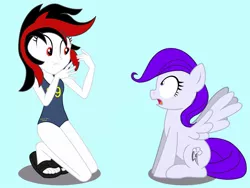 Size: 2048x1536 | Tagged: safe, artist:draymanor57, derpibooru import, oc, oc:blackjack, oc:morning glory (project horizons), human, pegasus, pony, fallout equestria, fallout equestria: project horizons, equestria girls, clothes, equestria girls-ified, fanfic art, feet, flip-flops, heel pop, humanized, implied transformation, one-piece swimsuit, sandals, species swap, spread wings, surprised, swimsuit, wings