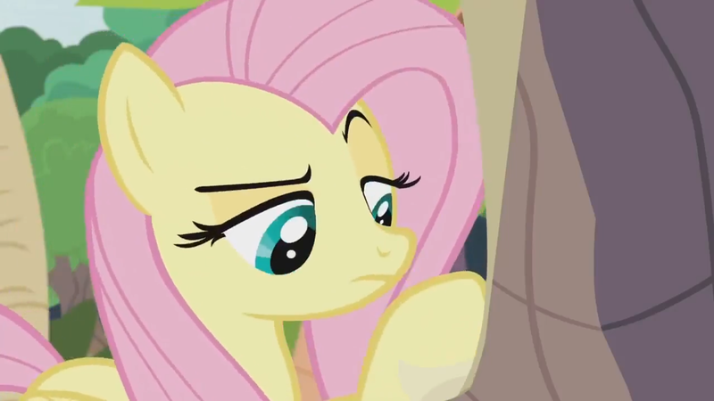 Size: 1366x768 | Tagged: safe, derpibooru import, screencap, angel bunny, fluttershy, pony, she talks to angel, body swap, don't care, female, frown, lidded eyes, looking down, mare, not fluttershy, raised eyebrow, raised hoof, solo, unamused