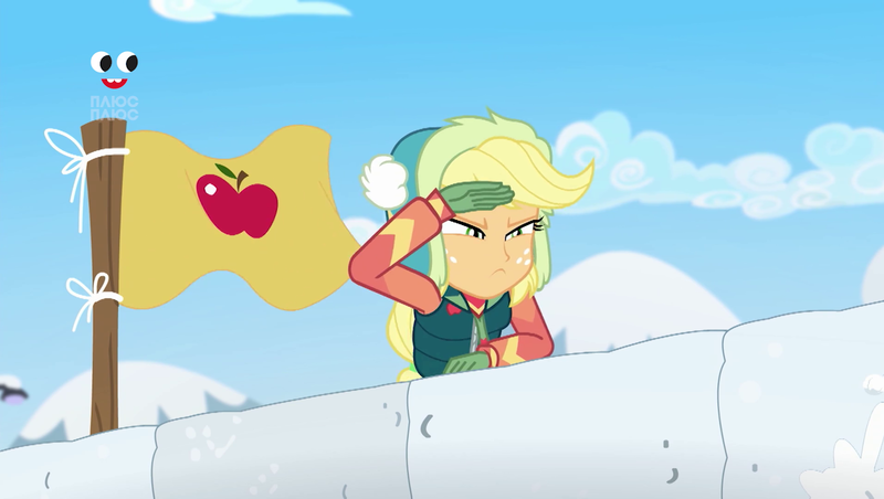 Size: 1912x1080 | Tagged: safe, derpibooru import, screencap, applejack, equestria girls, equestria girls series, holidays unwrapped, spoiler:eqg series (season 2), flag, plusplus, snow