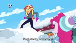 Size: 1912x1080 | Tagged: safe, derpibooru import, screencap, pinkie pie, sunset shimmer, equestria girls, equestria girls series, holidays unwrapped, spoiler:eqg series (season 2), implied flash sentry, out of context, plusplus, snow, snowball, subtitles