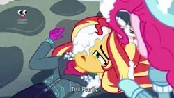 Size: 1912x1080 | Tagged: safe, derpibooru import, screencap, pinkie pie, sunset shimmer, equestria girls, equestria girls series, holidays unwrapped, spoiler:eqg series (season 2), plusplus, snow, snowball, subtitles