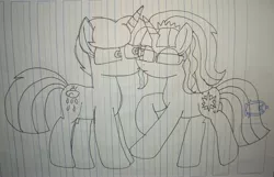 Size: 4647x2992 | Tagged: safe, artist:徐詩珮, derpibooru import, sci-twi, spring rain, twilight sparkle, ponified, pony, unicorn, equestria girls, cute, equestria girls ponified, female, glasses, kissing, lesbian, lineart, mare, sci-springlight, shipping, springbetes, springlight, straight, traditional art, twiabetes, unicorn sci-twi