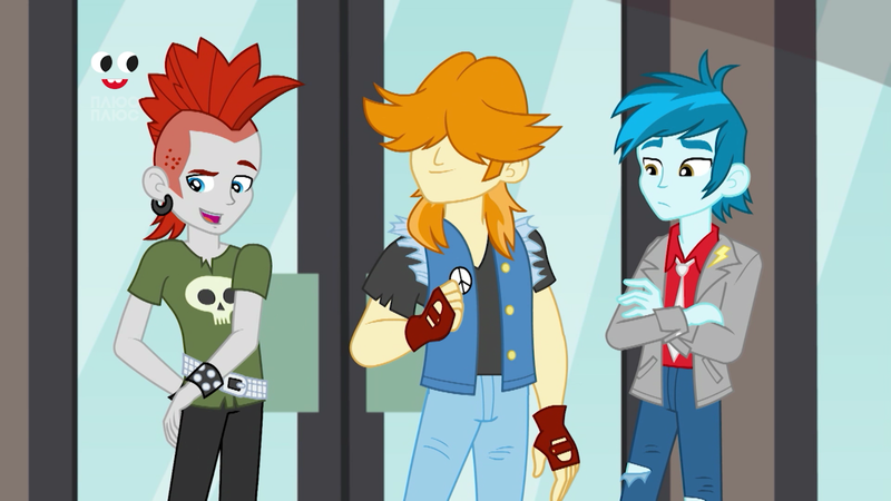 Size: 1280x720 | Tagged: safe, derpibooru import, screencap, crimson napalm, thunderbass, valhallen, equestria girls, equestria girls series, holidays unwrapped, spoiler:eqg series (season 2), background human, clothes, crossed arms, fingerless gloves, gloves, male, pants, plusplus