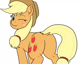 Size: 1280x1050 | Tagged: safe, alternate version, artist:mkogwheel, derpibooru import, applejack, earth pony, pony, /mlp/, applebutt, applejack's hat, blushing, butt, cowboy hat, cute, dock, featureless crotch, female, hat, image, looking back, mare, one eye closed, plot, png, simple background, solo, white background, wink