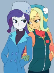 Size: 2448x3264 | Tagged: safe, artist:haibaratomoe, derpibooru import, applejack, rarity, equestria girls, equestria girls series, holidays unwrapped, spoiler:eqg series (season 2), clothes, coat, female, lesbian, rarijack, shipping, simple background, smiling